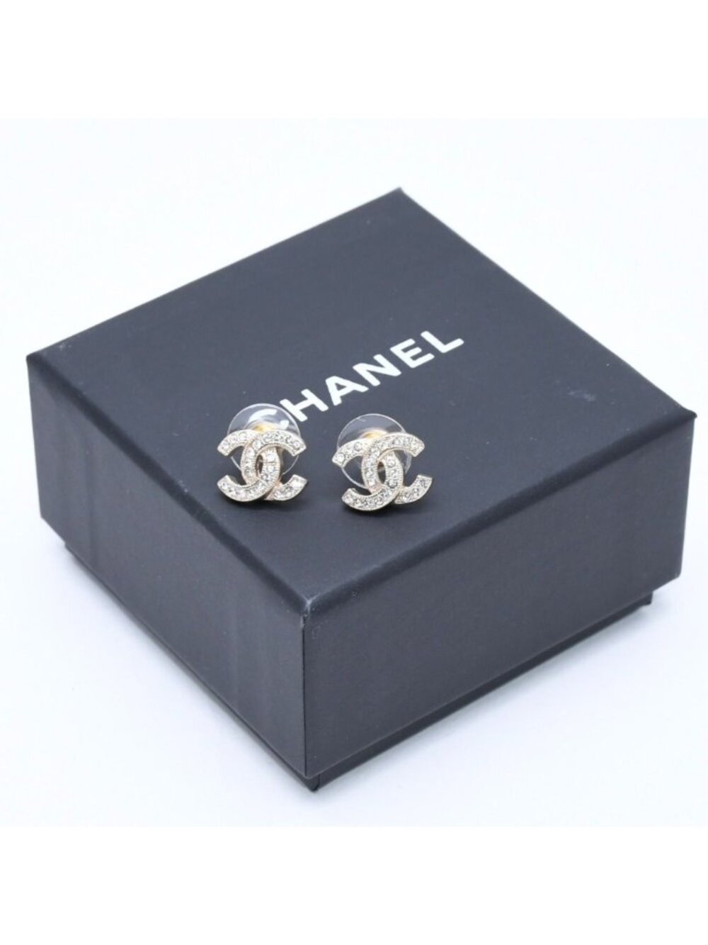 Chanel CC Logo Stud Earrings Stamp Metal Rhinestone Gold